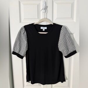 CeCe Black Top with Black-and-White Gingham Puff Sleeves